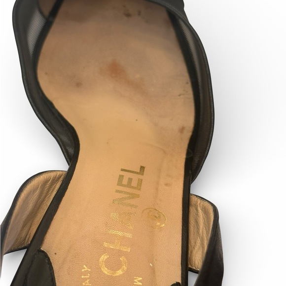 CHANEL Black Mesh Slingback Heels CC Logo Pointed Toe - Picture 10 of 10
